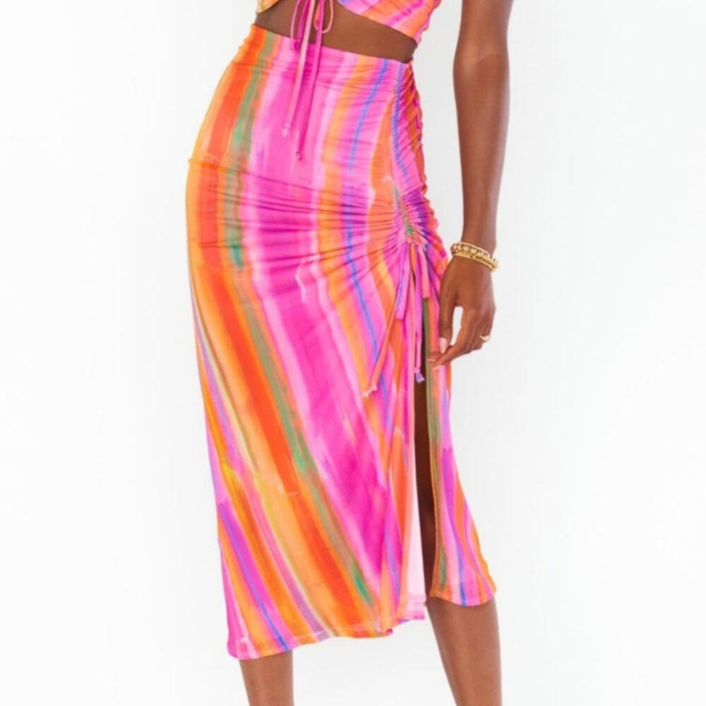 Show Me Your Mumu Dazy Sunrise Stripe Skirt Size XS Mesh Pink Orange NEW